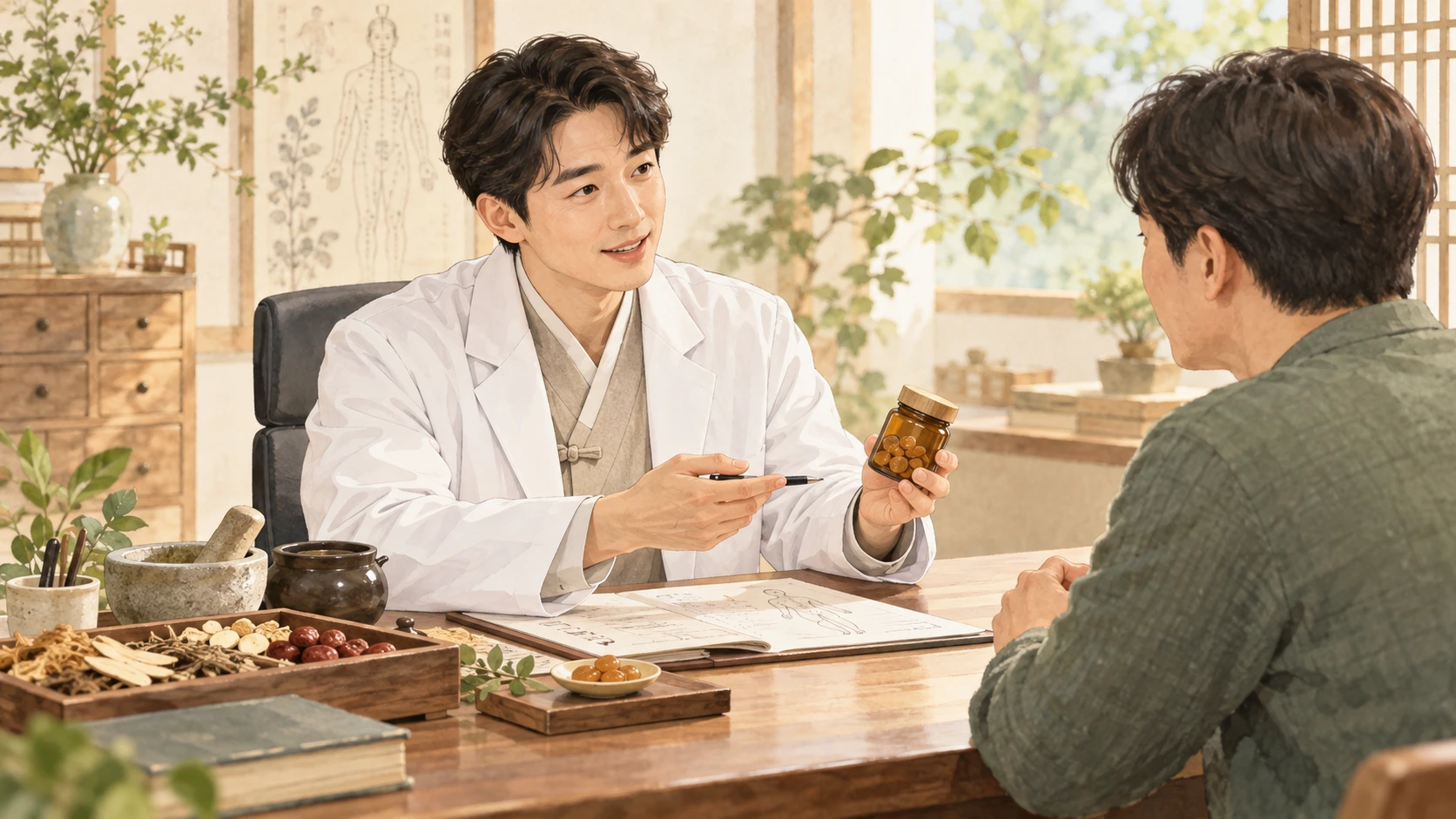 남성 한의사와 상담한 뒤 처방받는 장면