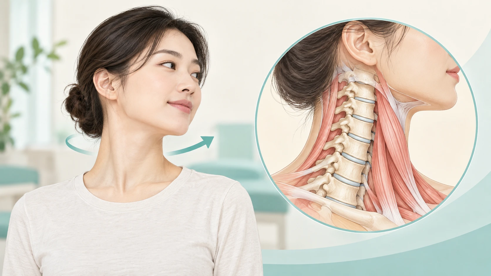 목 관절과 주변 조직, 고개를 돌리는 움직임을 설명하는 교육 그림