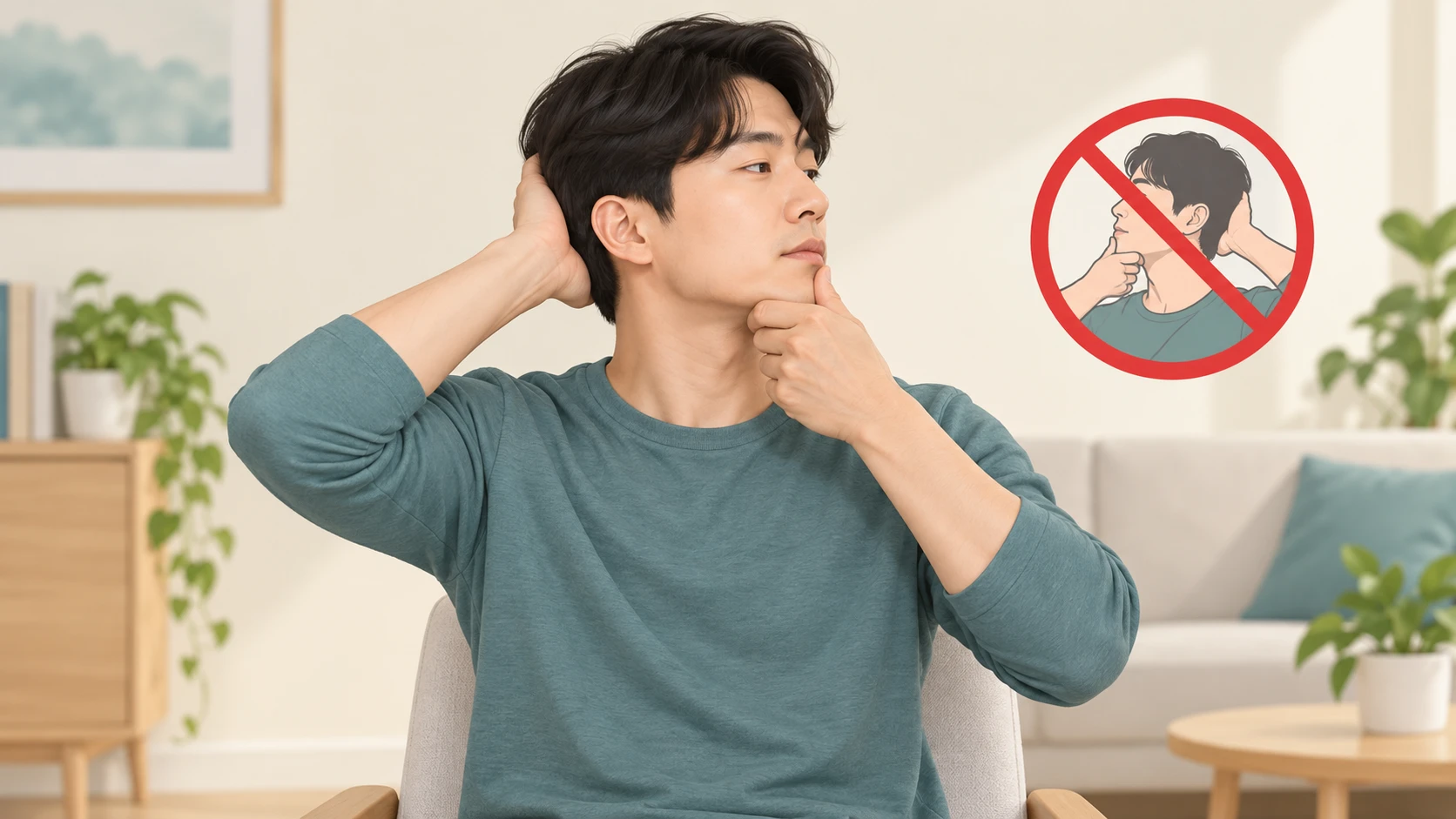 소리를 내려고 손으로 목을 억지로 비트는 습관을 피하자는 생활 안내
