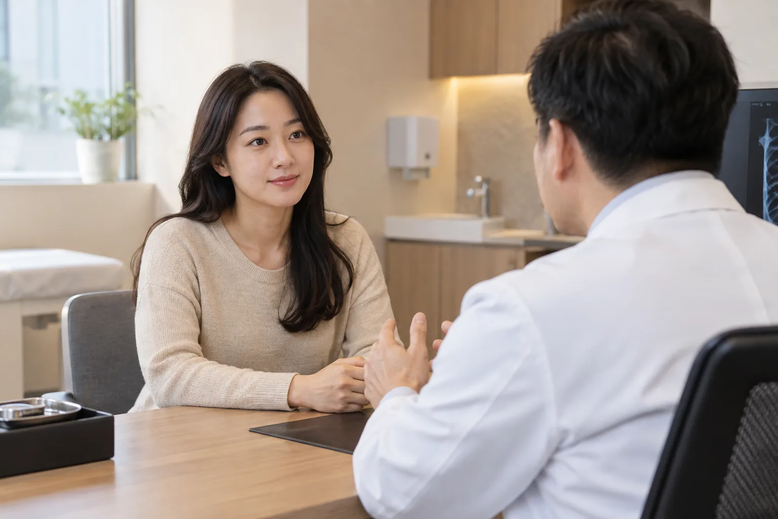 남성 한의사가 환자와 개별 치료 계획을 상담하는 장면