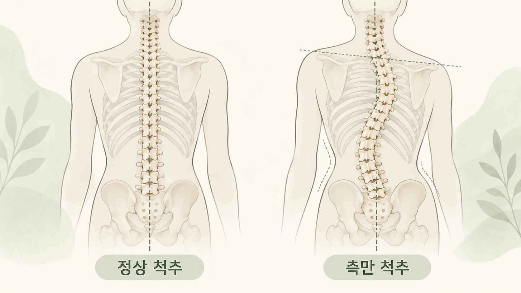 정상 척추와 측만 척추의 정면 평면 비교 및 어깨 허리선 비대칭 개념도