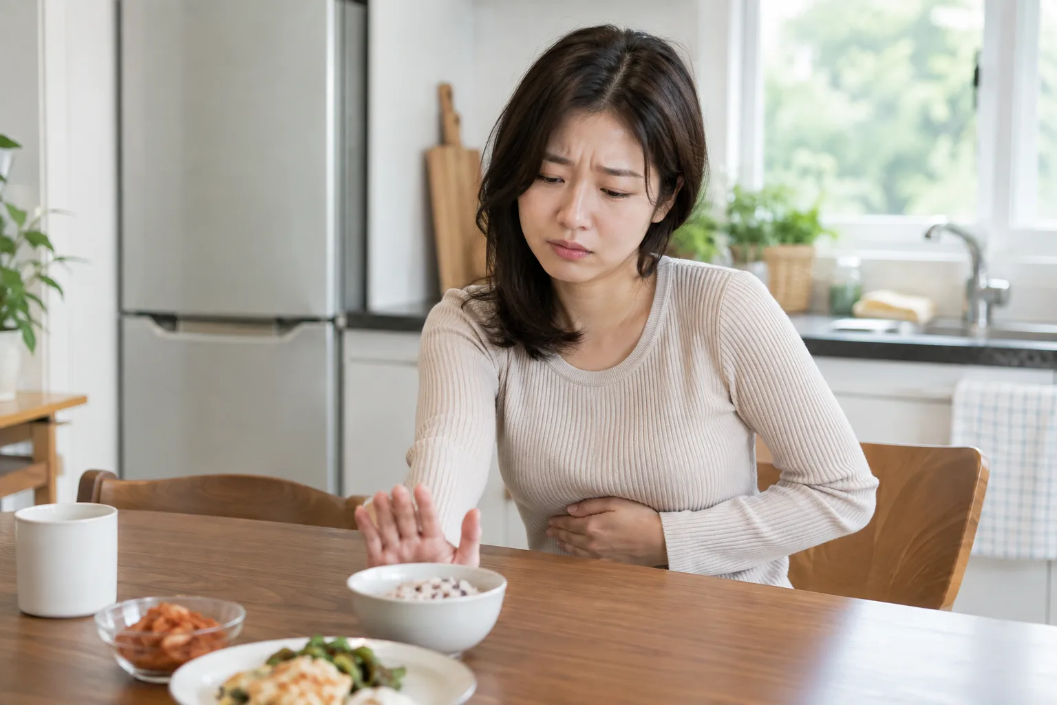식욕이 없어 음식을 밀어내는 모습
