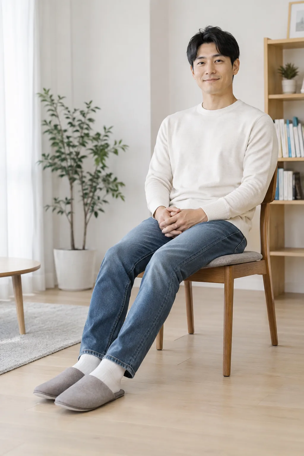 의자에 앉아 무릎 부담을 줄이는 모습