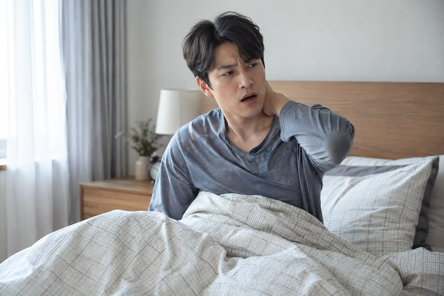 며칠 뒤 갑자기 목 통증을 느끼는 모습