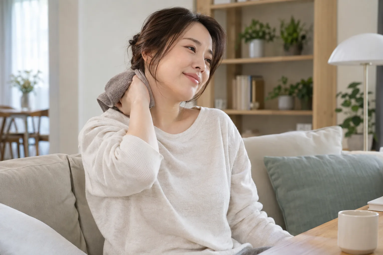 따뜻한 수건으로 목을 관리하는 모습