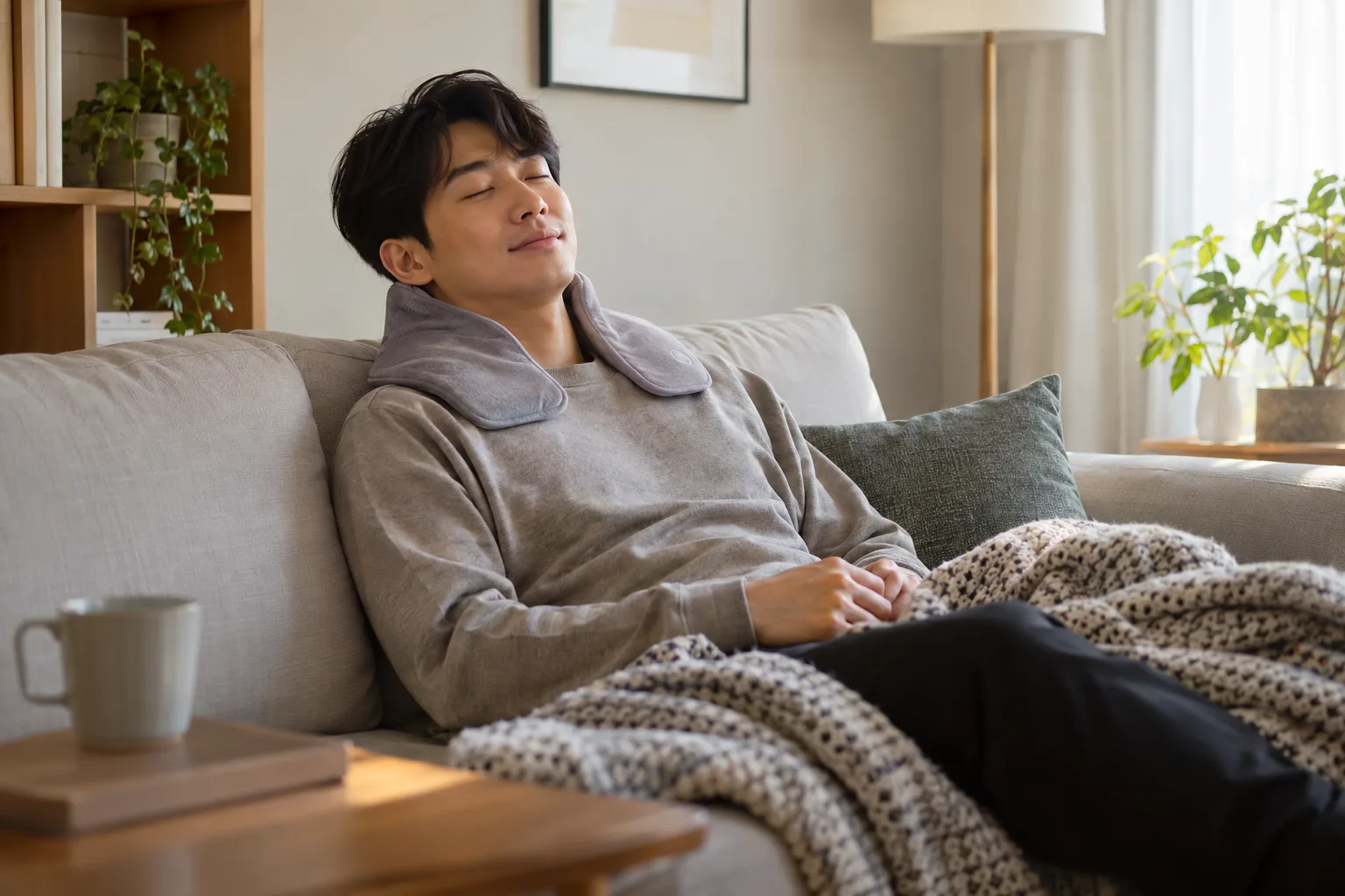 집에서 온찜질로 휴식하는 모습