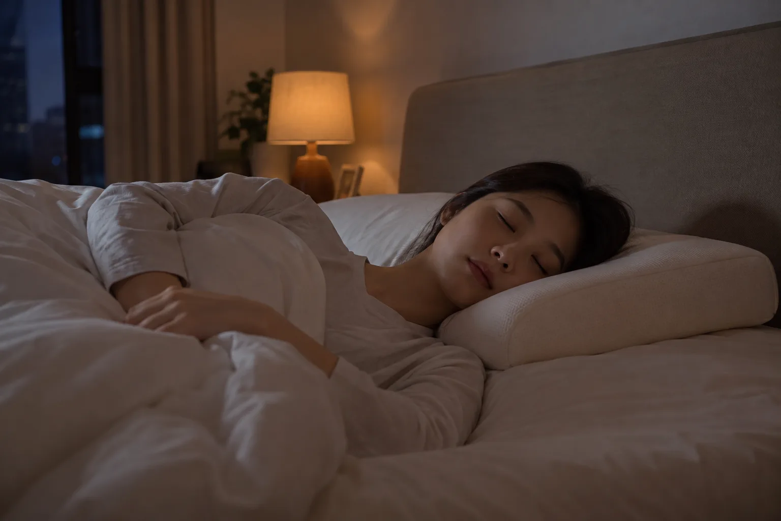 낮은 베개로 목을 지지하며 자는 모습