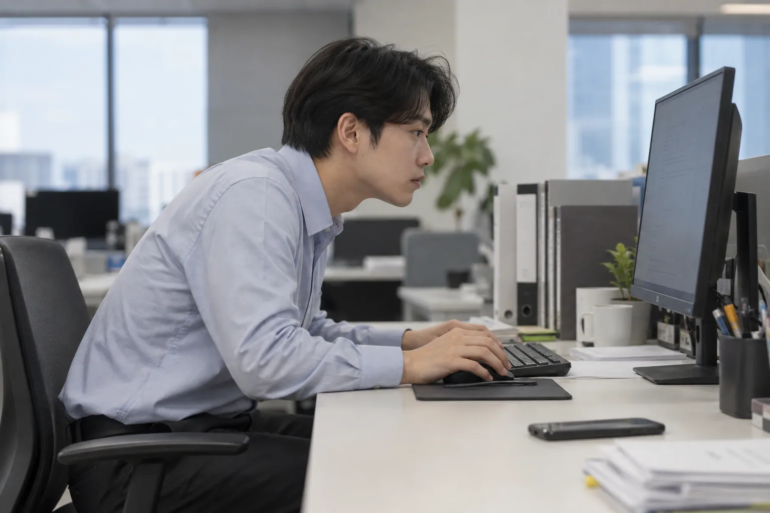 구부정한 자세로 일하는 사무직