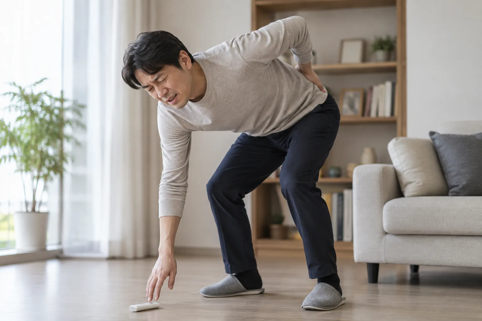 허리를 숙일 때 통증을 느끼는 모습