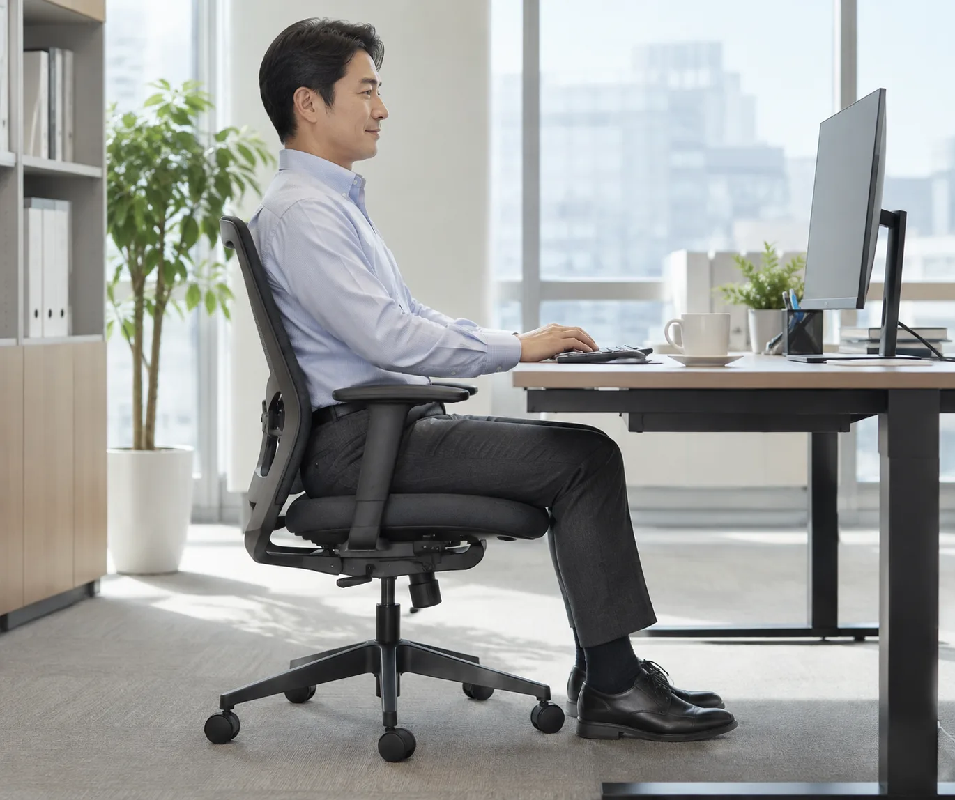 올바른 자세로 의자에 앉아 있는 모습