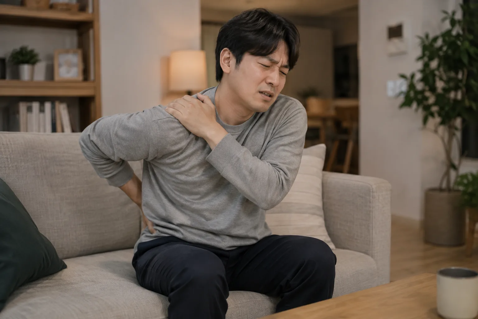 사고 후 허리와 어깨 통증을 느끼는 모습