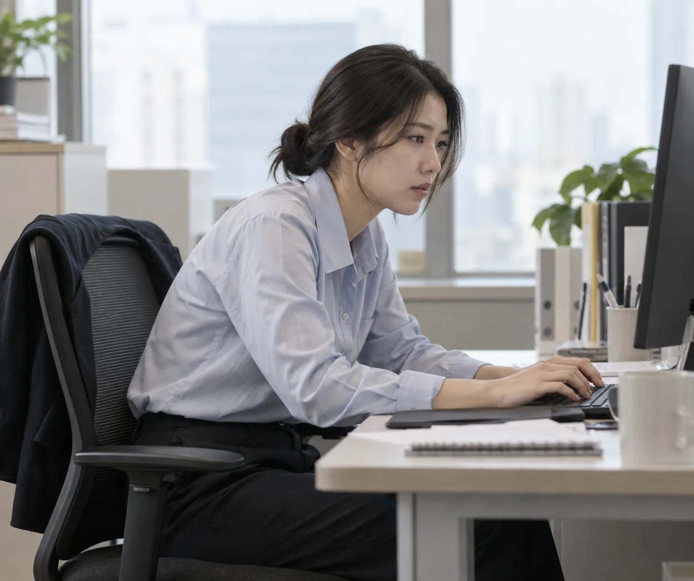 구부정한 자세로 앉은 직장인