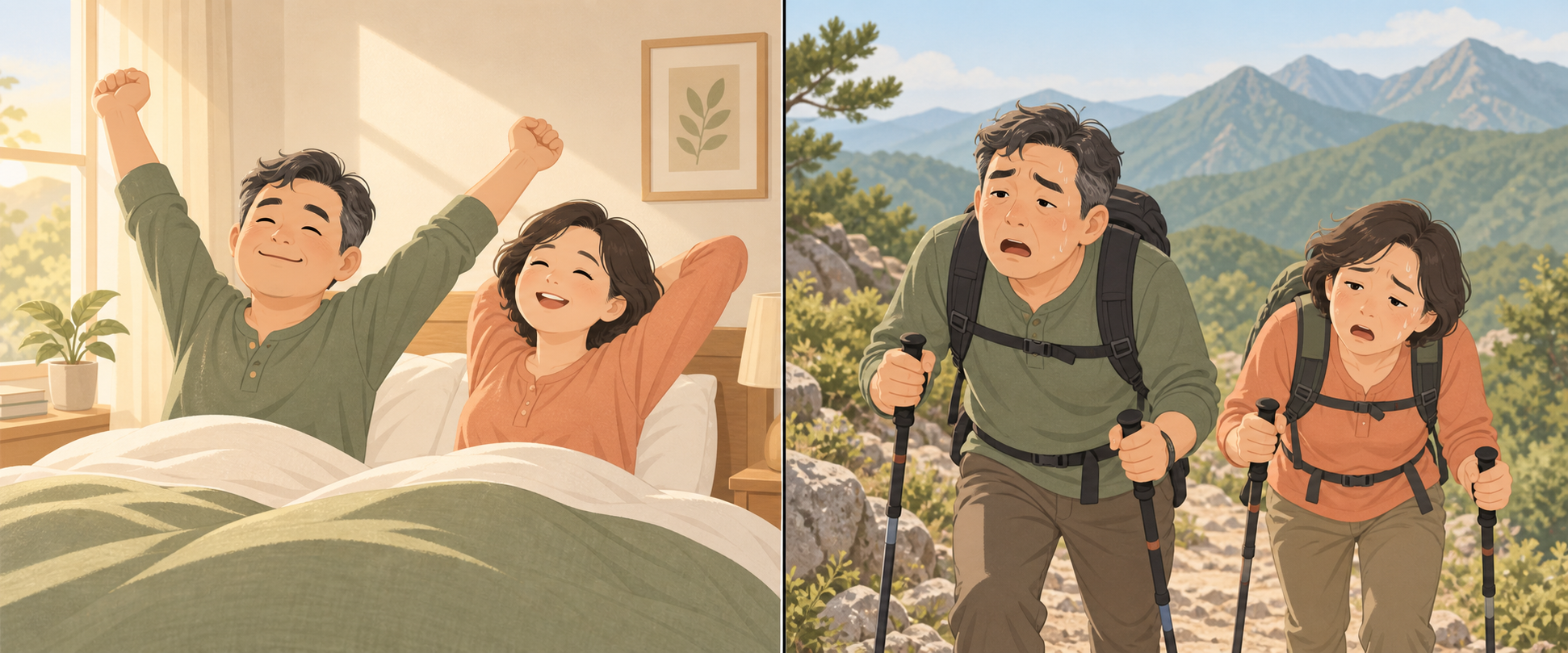분당 정자역 한의원 보양클리닉 - 아침에 개운하게 일어난 모습과 등산에서 힘들어하는 모습의 대비, 기운과 체력의 차이