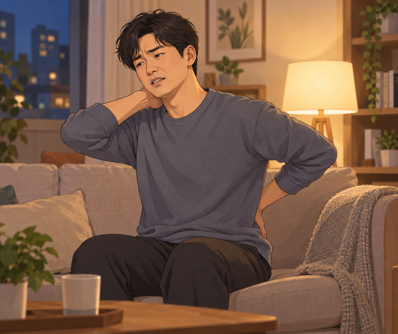 정자역 경희미르애한의원 교통사고 자동차보험 - 사고 며칠 후 목과 허리에 지연통을 느끼는 모습