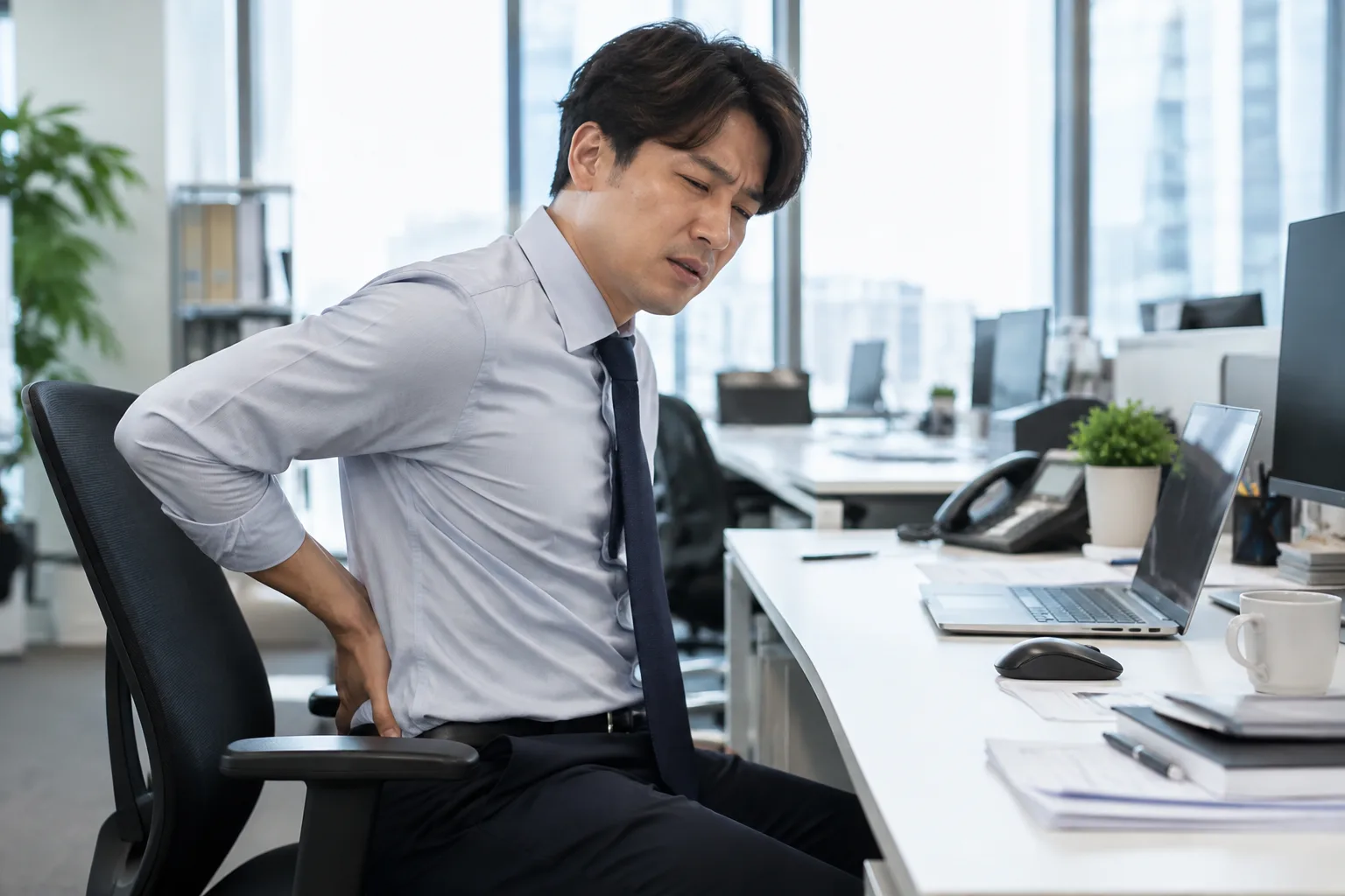 교통사고 후 허리 통증을 느끼는 모습