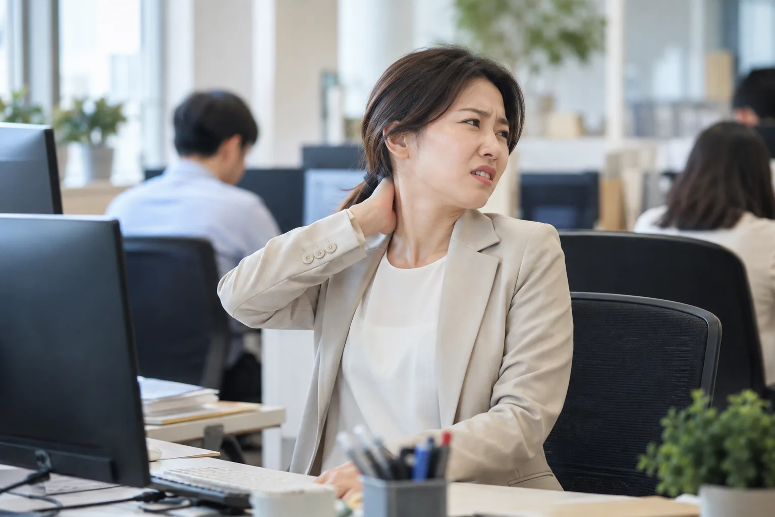 고개를 돌릴 때 찌릿한 통증을 느끼는 모습