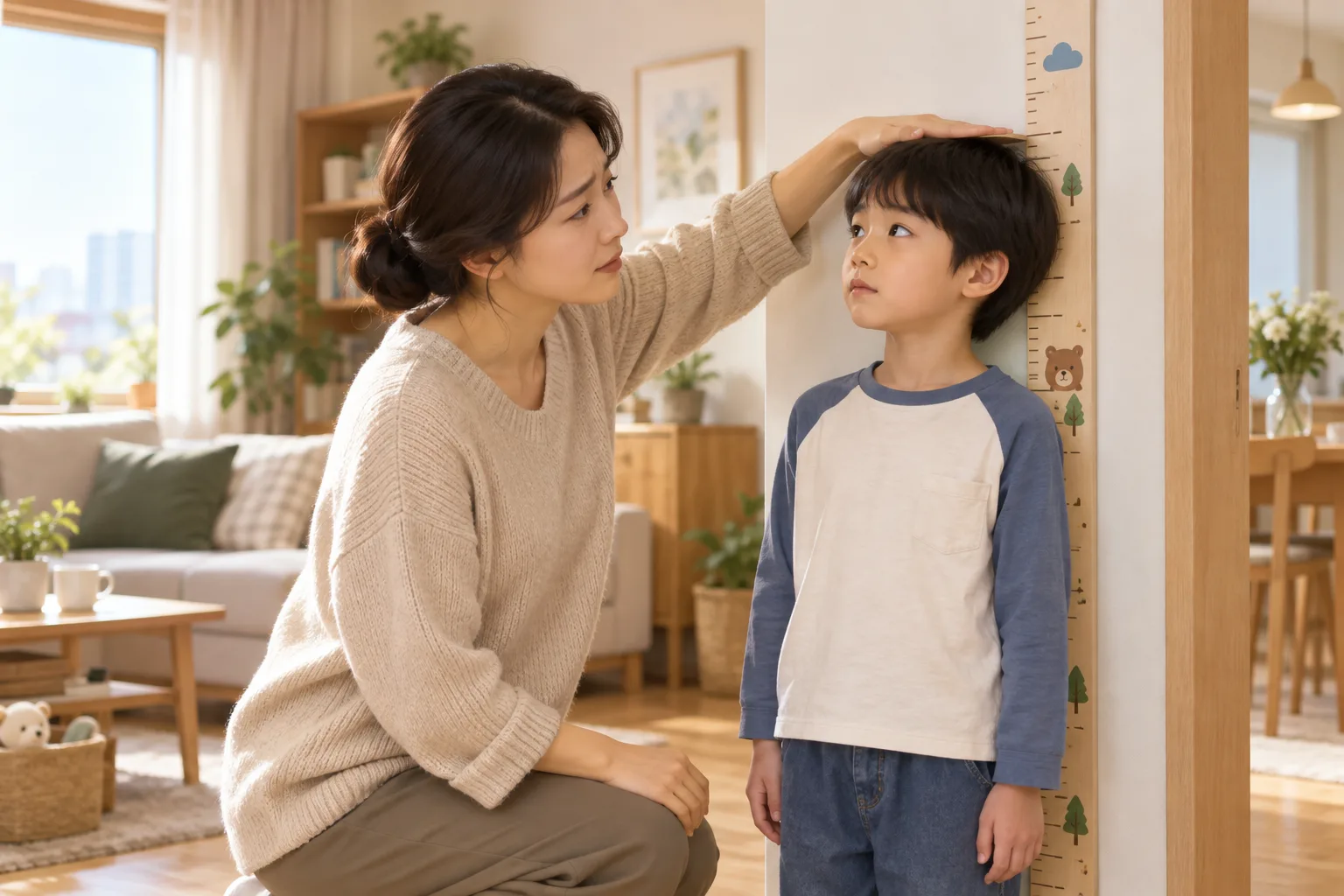 아이 키를 재는 엄마