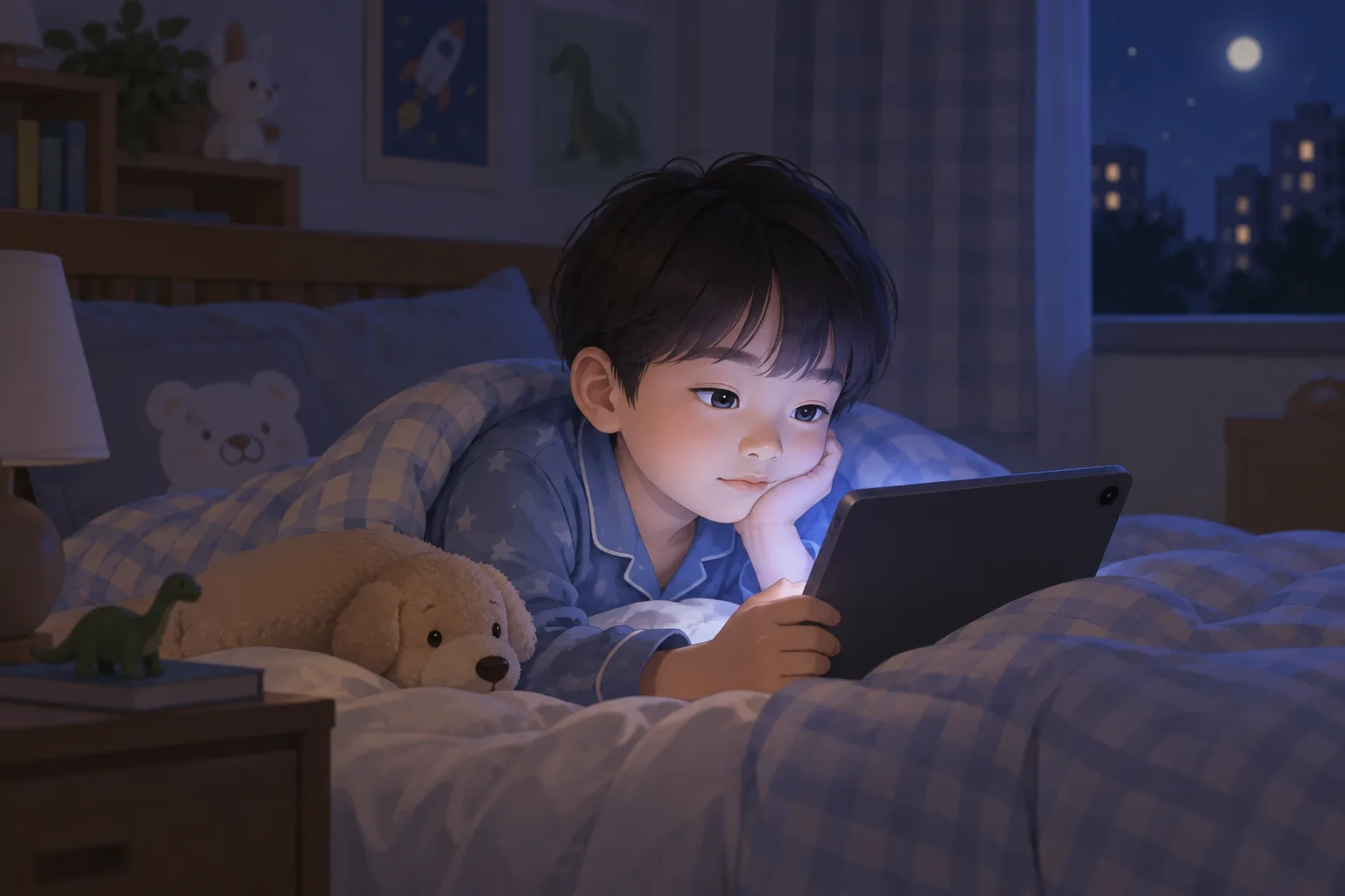 잠자리에서 태블릿을 보는 아이