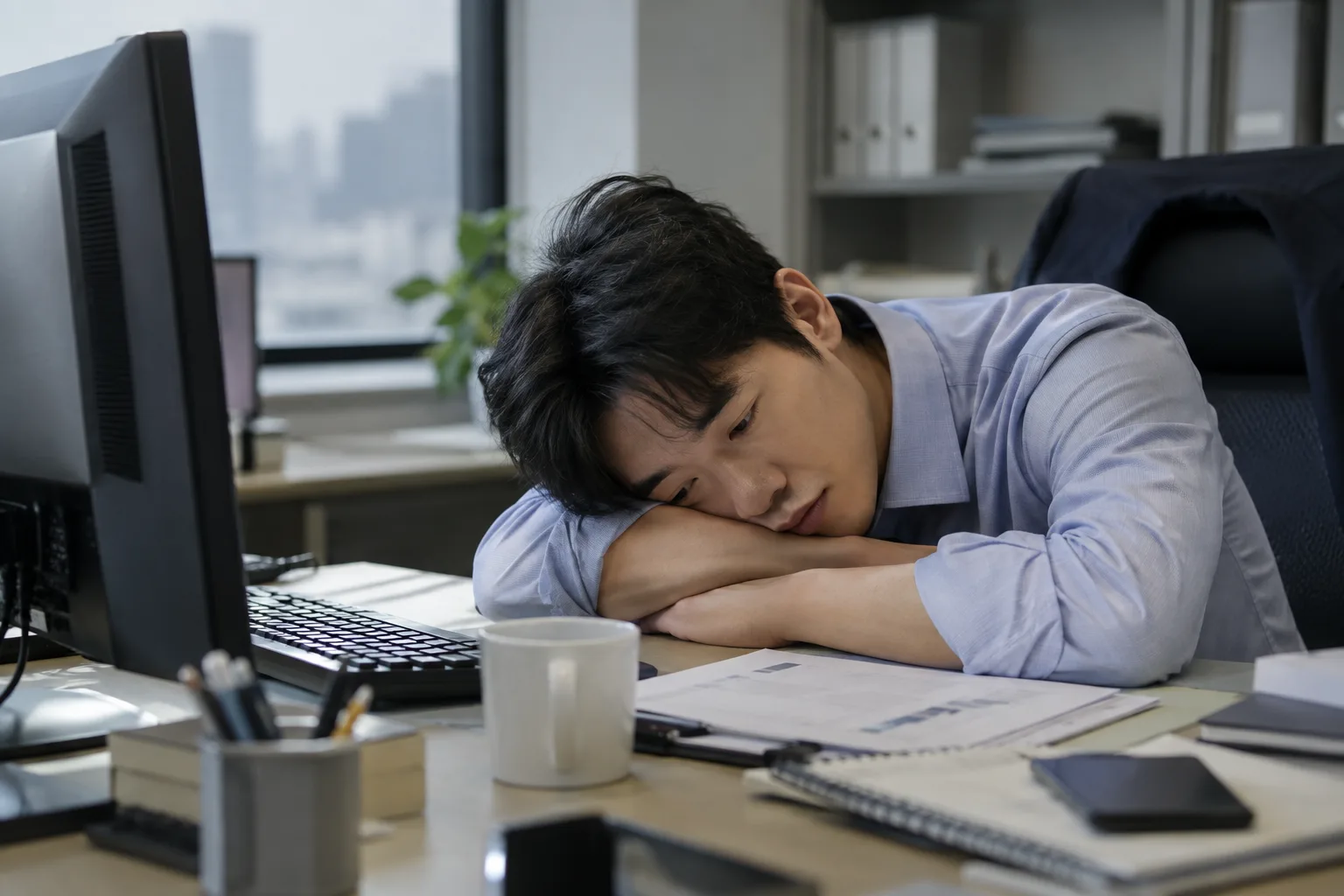 극심한 피로를 느끼는 직장인의 모습