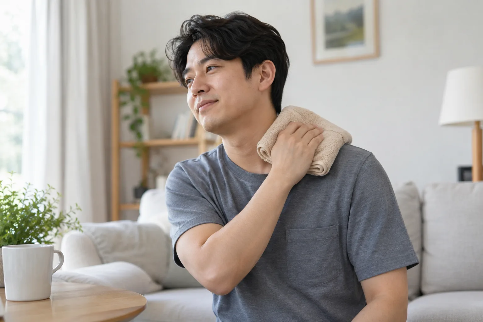 따뜻한 수건으로 목과 어깨를 데우는 모습