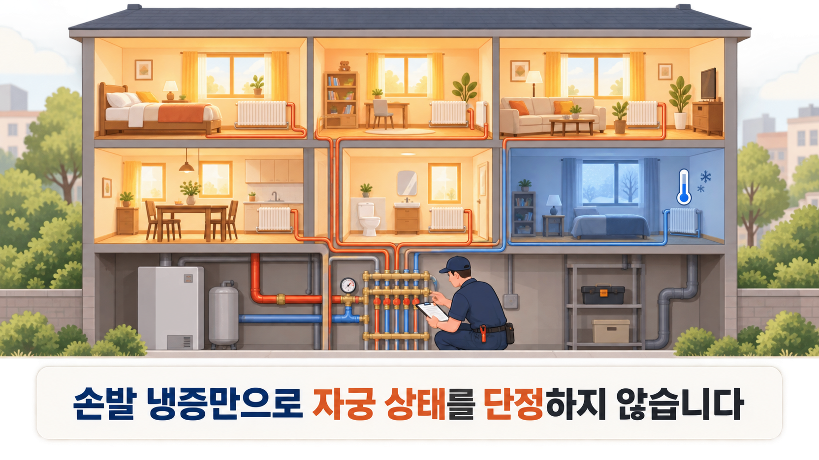 건물 전체 난방 시스템을 점검하는 개념도