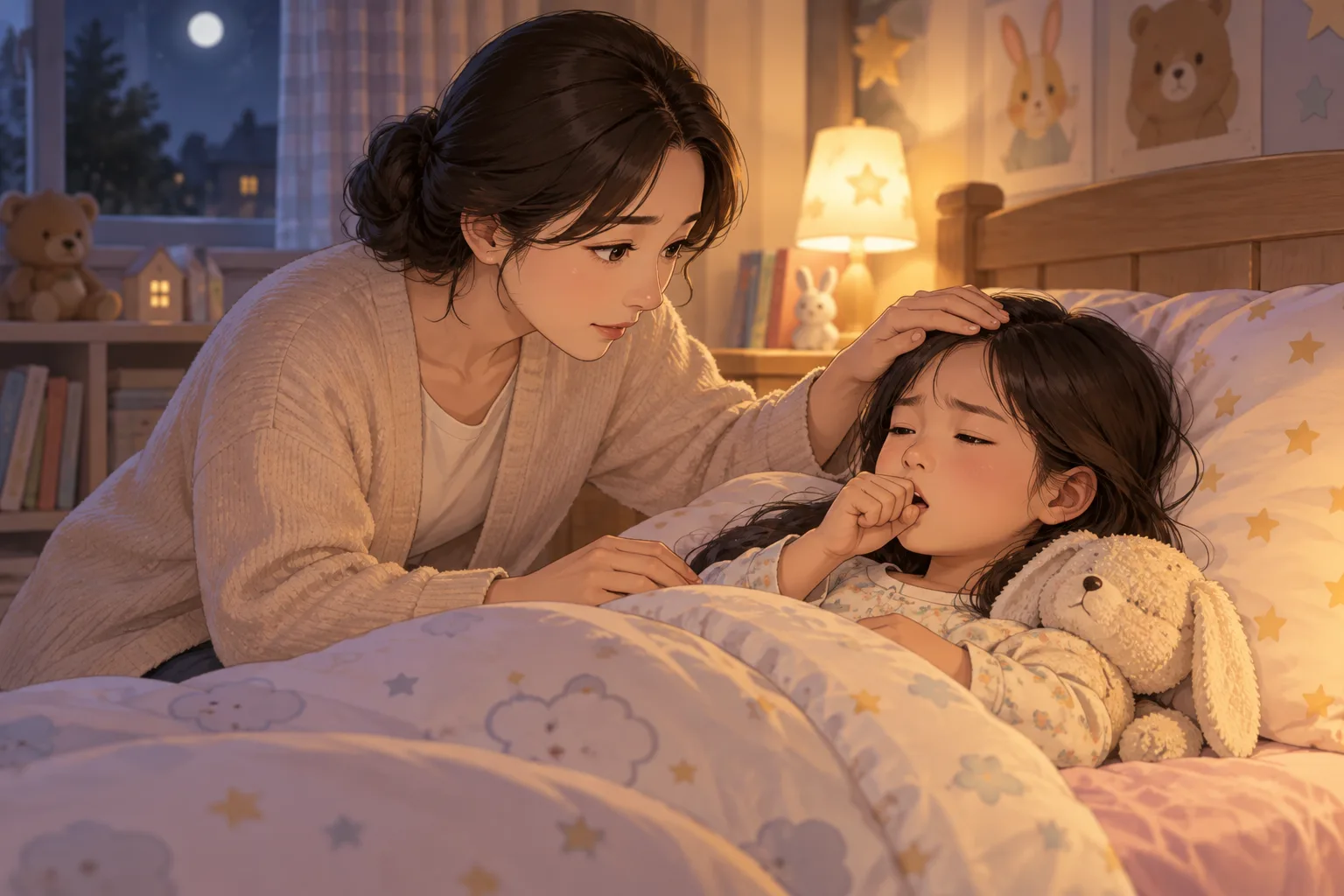감기로 밤에 잠 못 이루는 아이