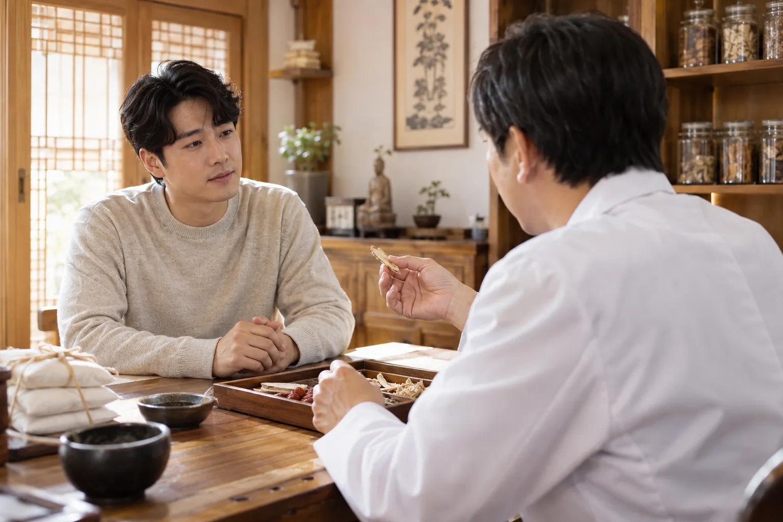 한의원에서 맞춤 처방 상담을 받는 모습