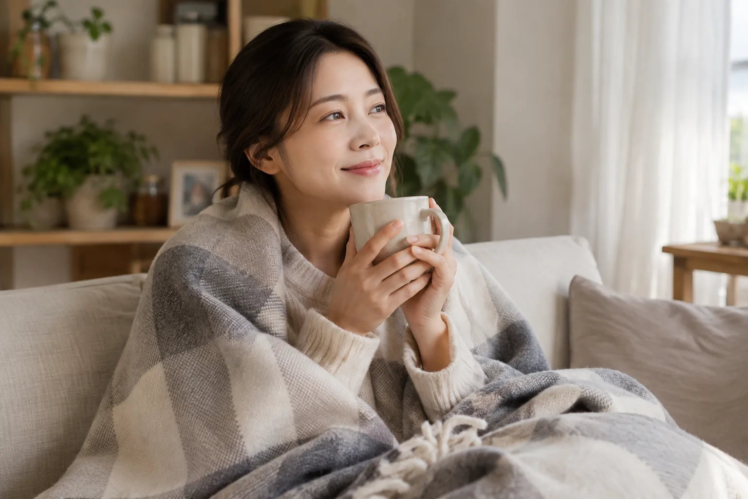 따뜻한 차를 마시며 휴식하는 모습