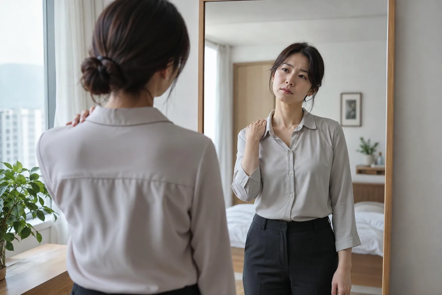 어깨 높이가 달라진 체형을 확인하는 모습