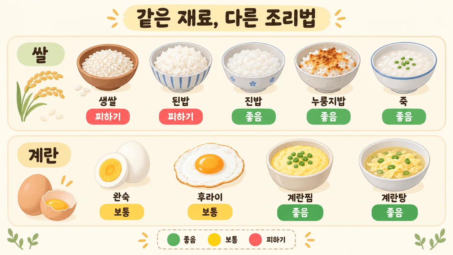 같은 쌀·계란도 조리법에 따라 달라지는 소음인 섭생 비교 인포그래픽