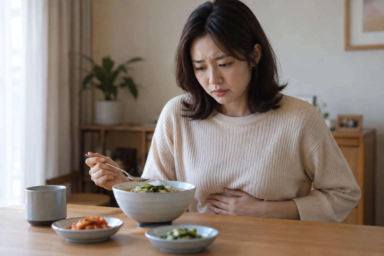 식사 앞에서 망설이는 모습