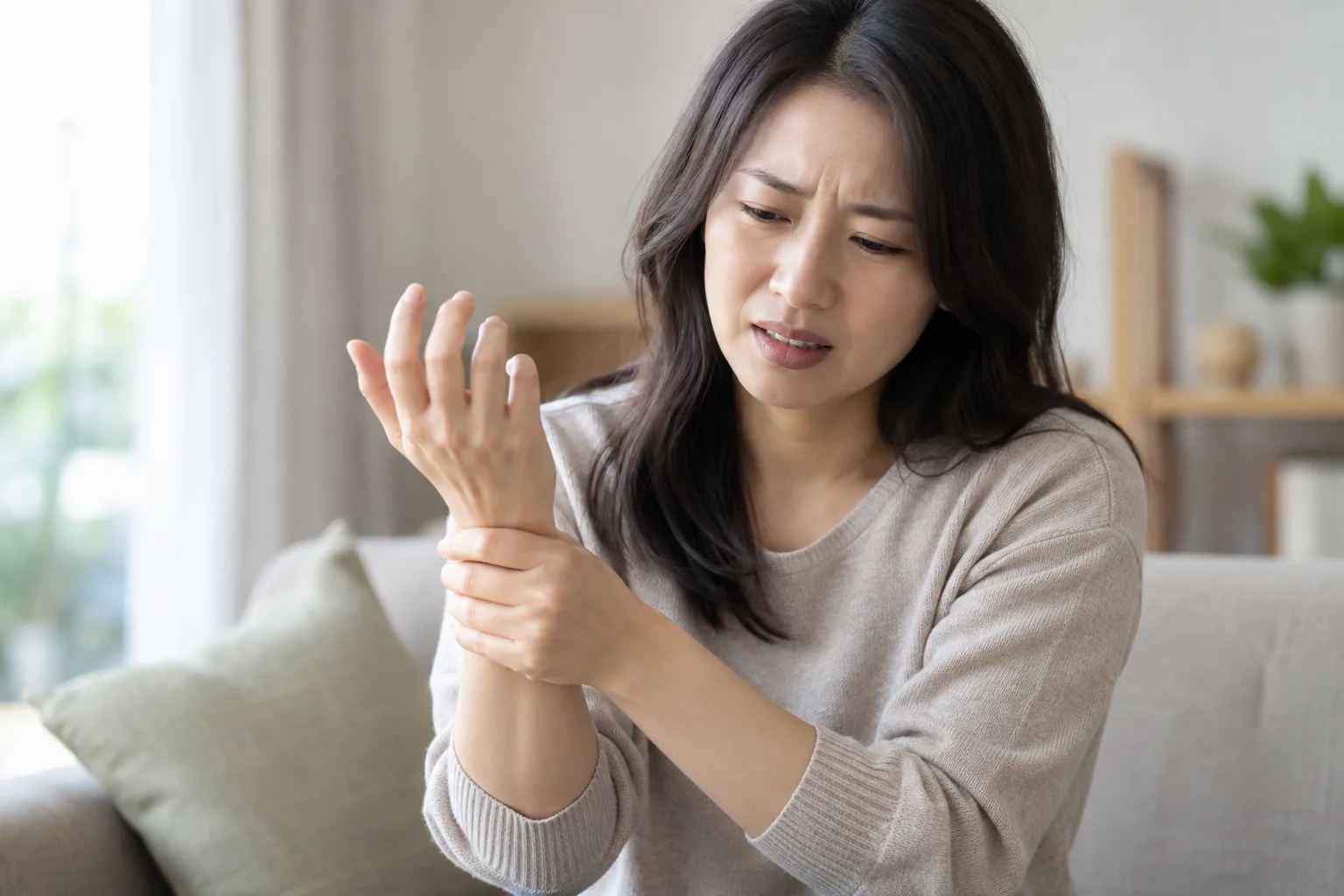 팔 저림을 느끼는 모습