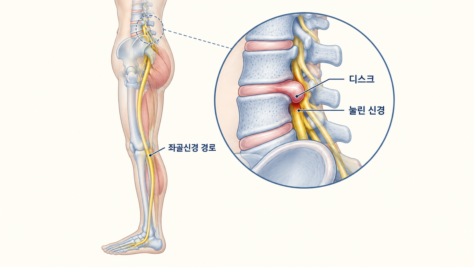 허리디스크가 신경을 눌러 좌골신경통으로 이어지는 과정 개념도