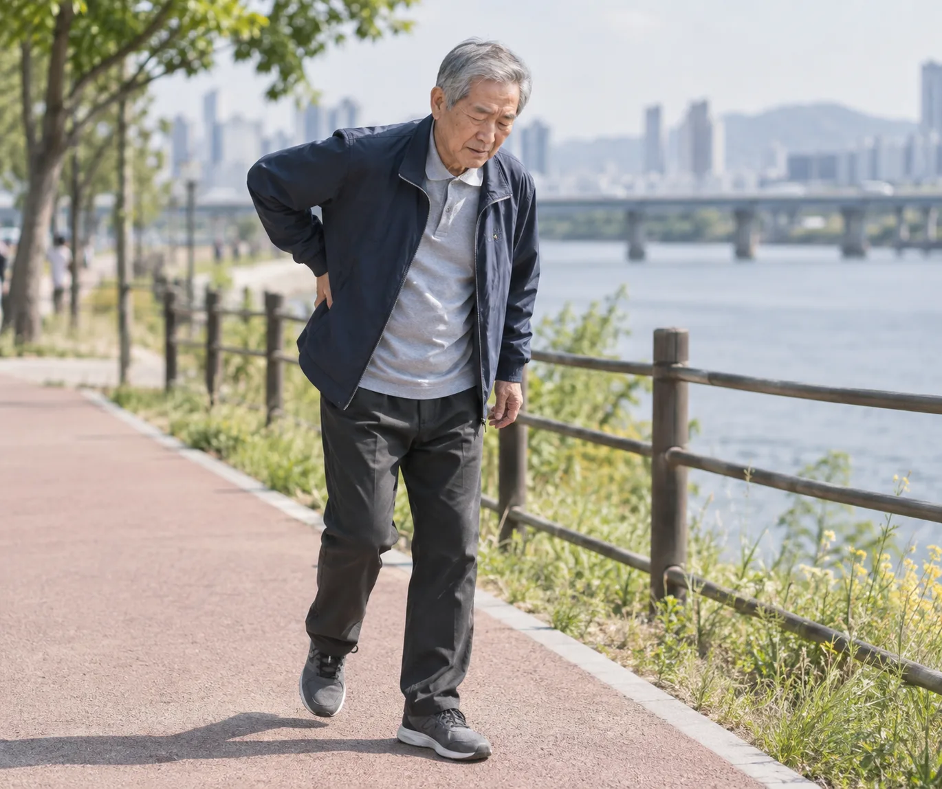산책 중 통증을 느끼는 어르신의 모습