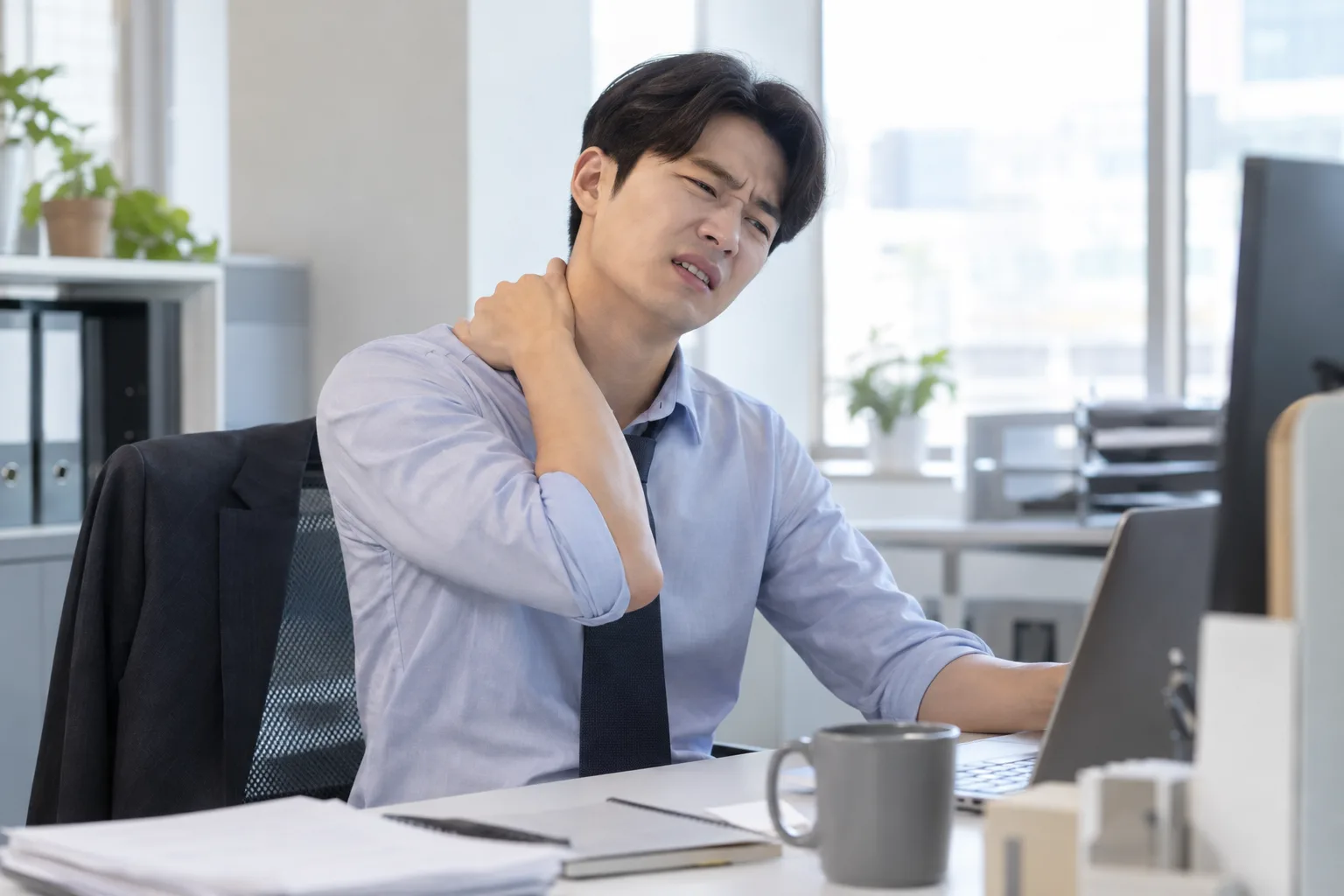 교통사고 후 목과 어깨 통증을 느끼는 모습