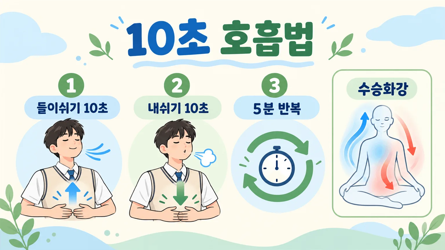 10초 호흡법과 수승화강 인포그래픽