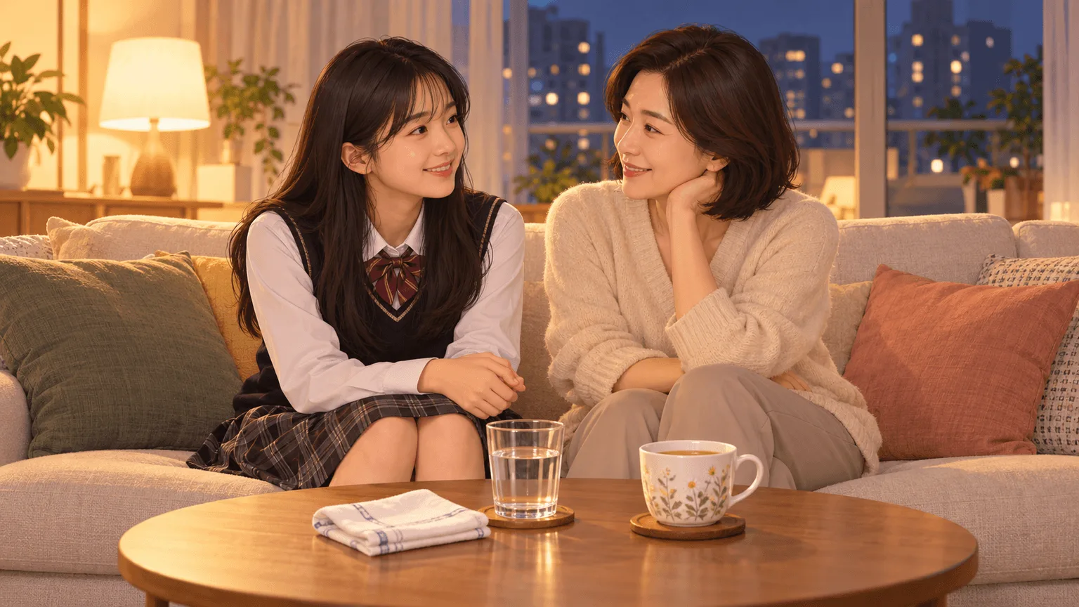 엄마와 수험생이 편안하게 대화하는 모습