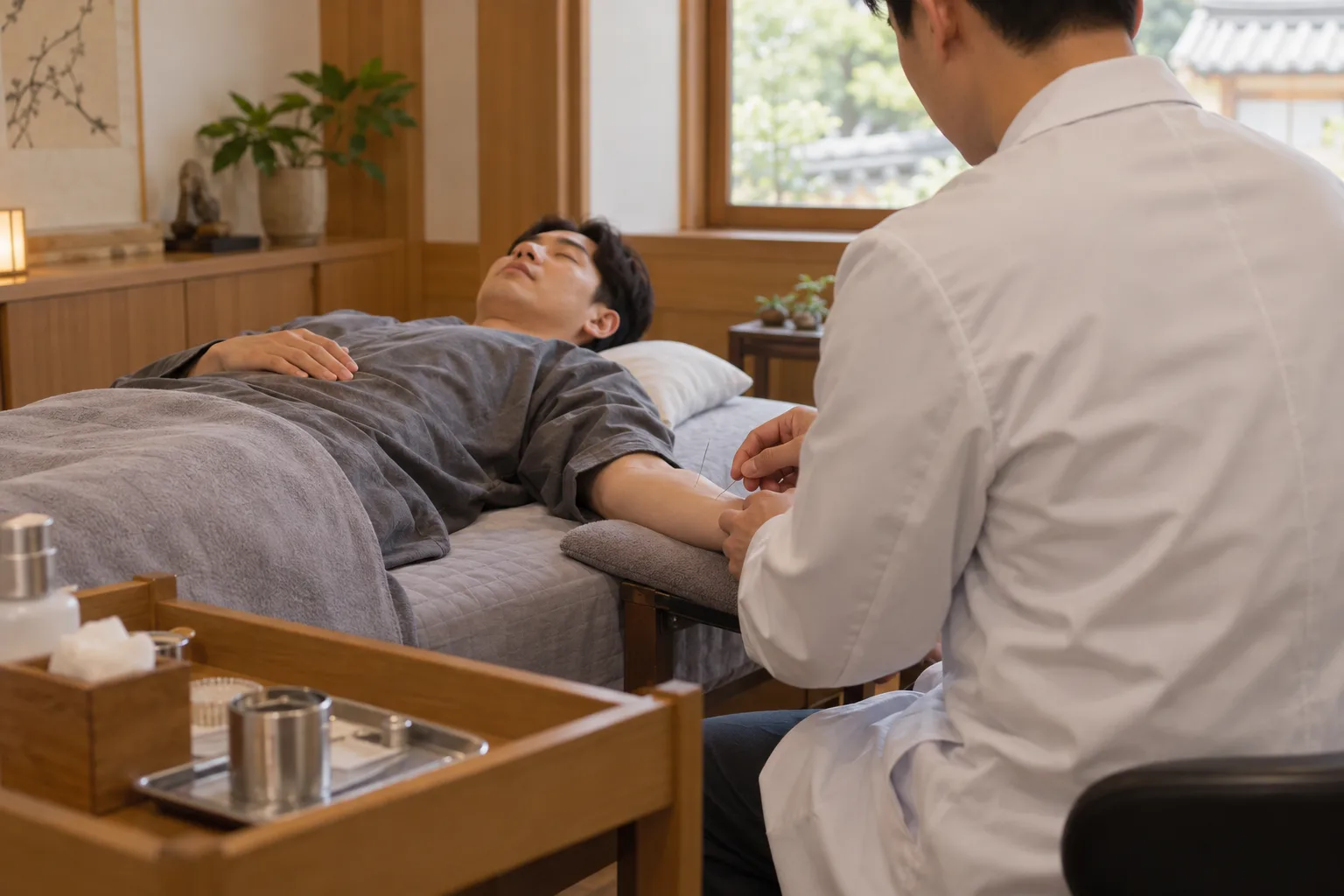 침 치료로 자율신경 균형을 맞추는 모습