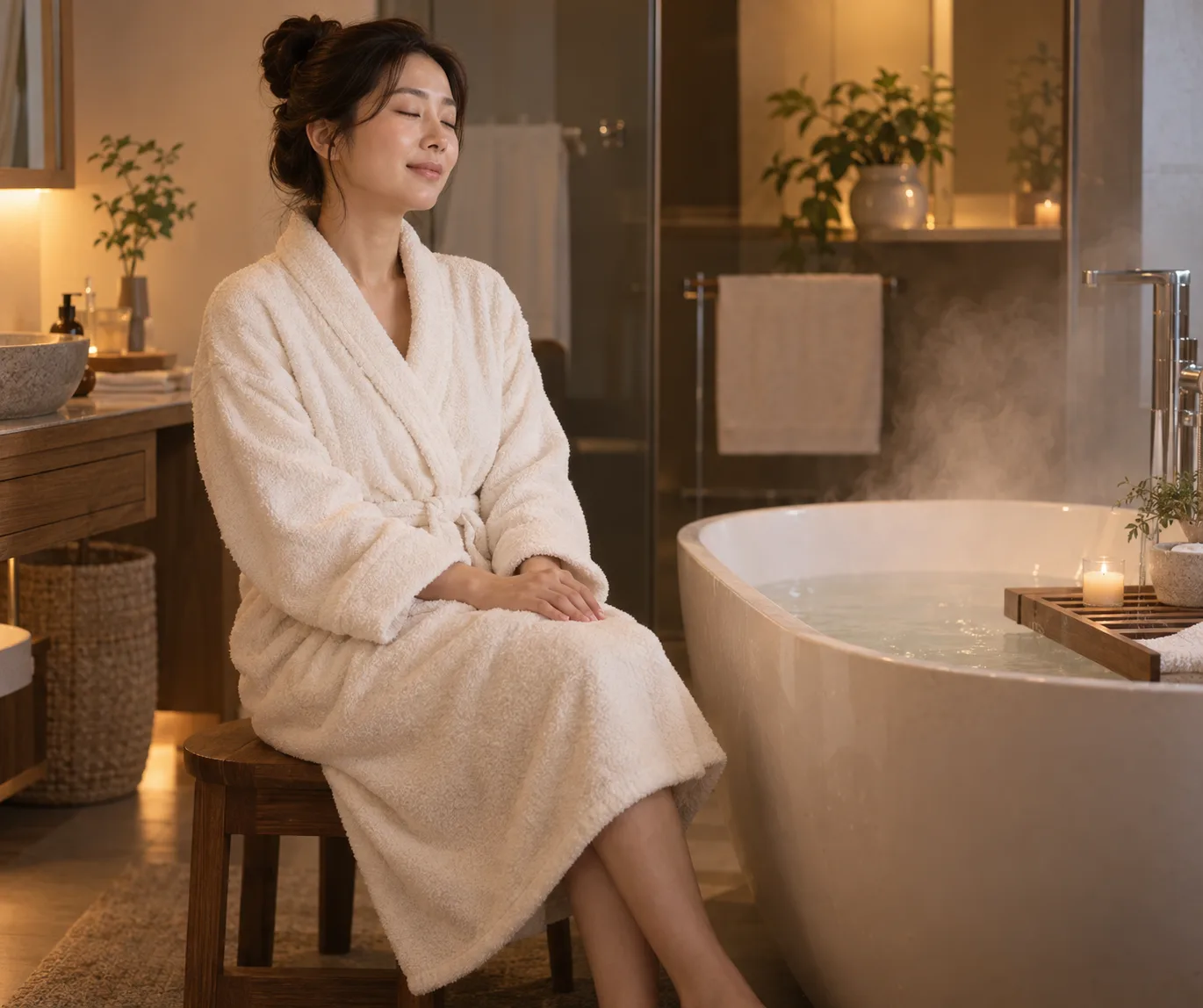 반신욕으로 스트레스를 해소하는 모습
