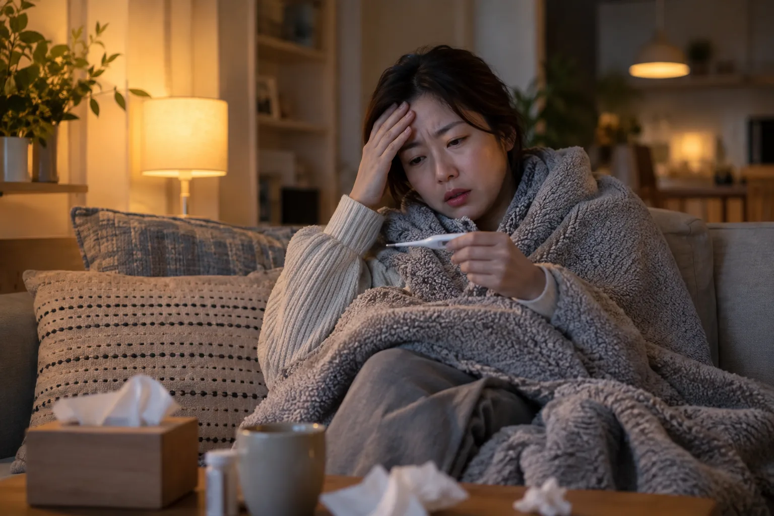 오한과 발열로 힘들어하는 모습