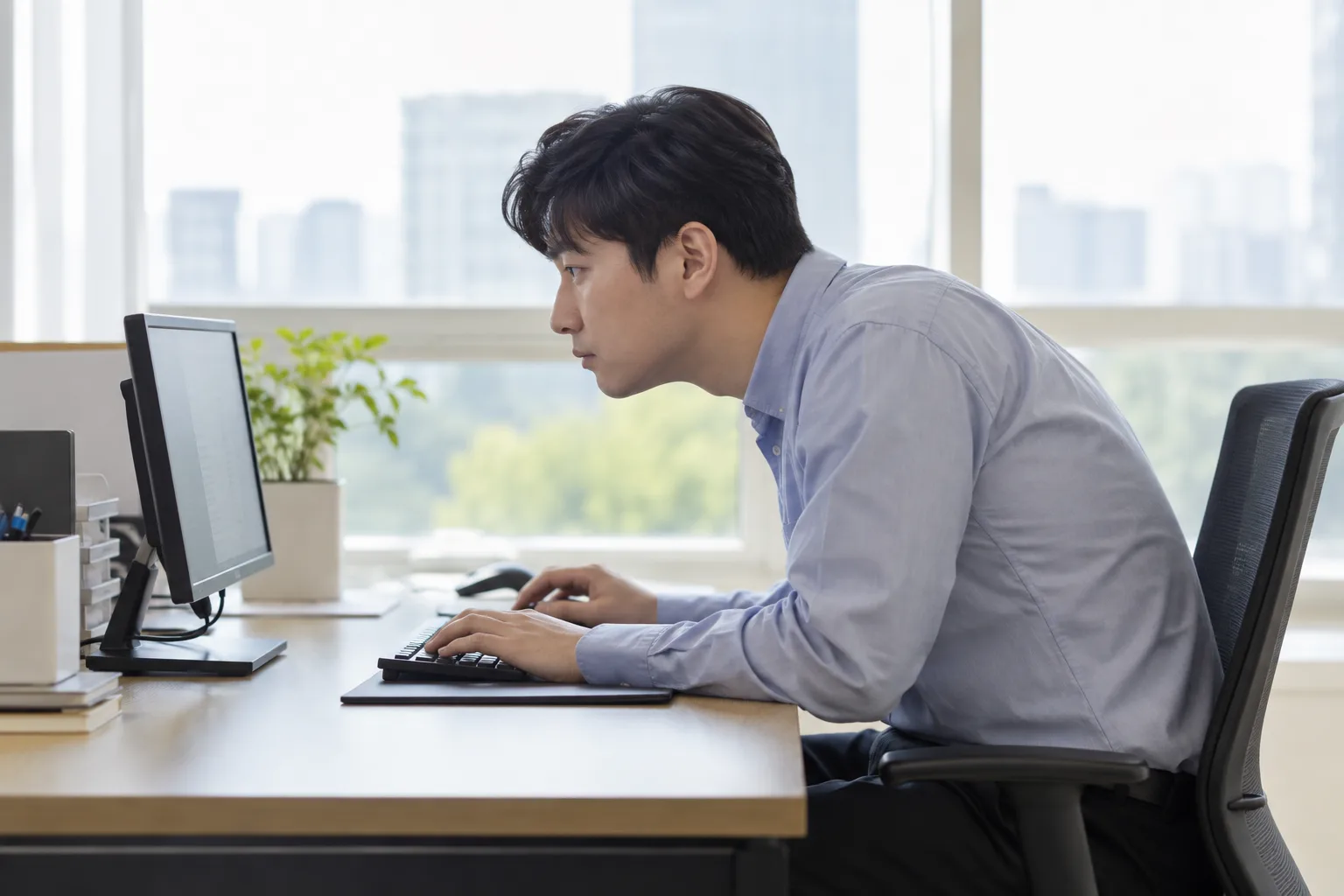 거북목 자세로 컴퓨터를 사용하는 모습