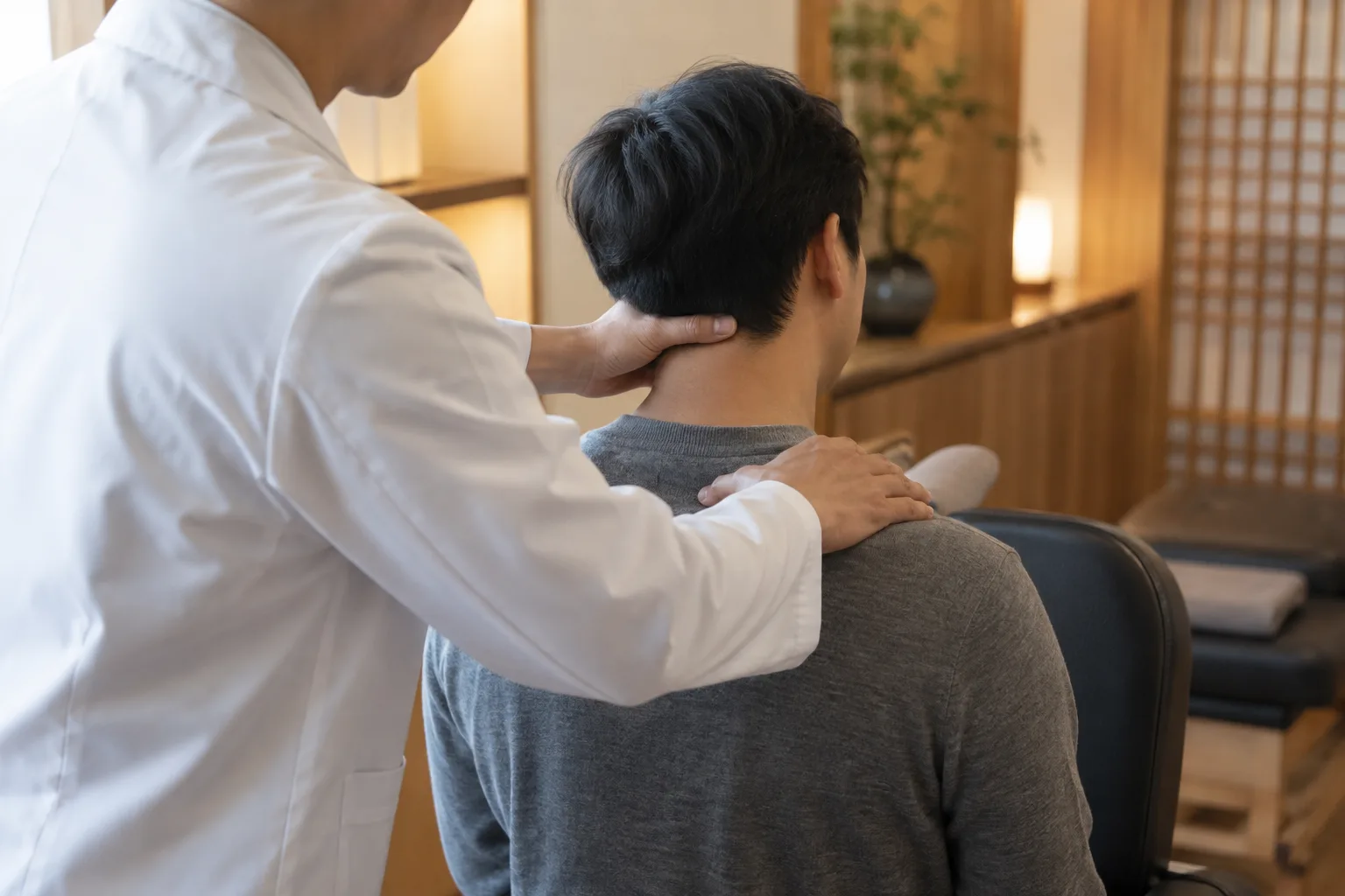 추나요법으로 목과 어깨를 교정하는 장면