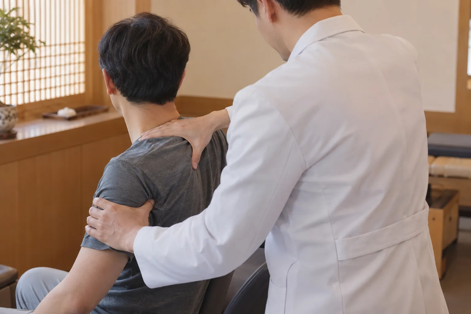 추나 요법으로 어깨 관절을 교정하는 모습