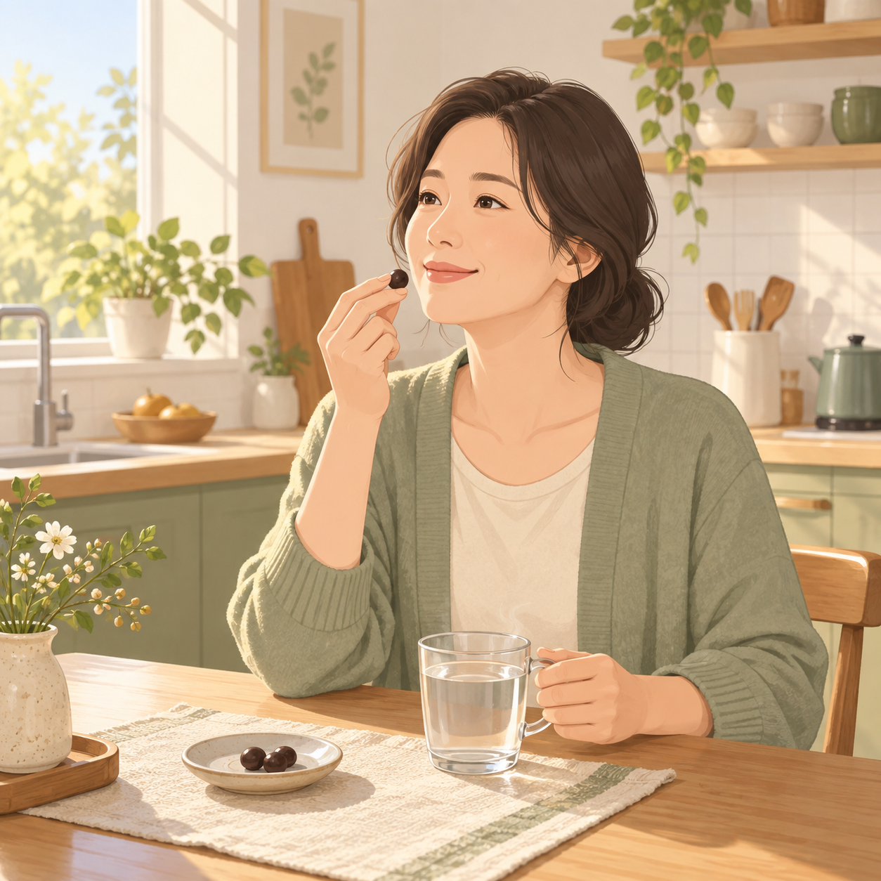 아침 공복에 편안하게 공진단을 복용하는 일상 모습