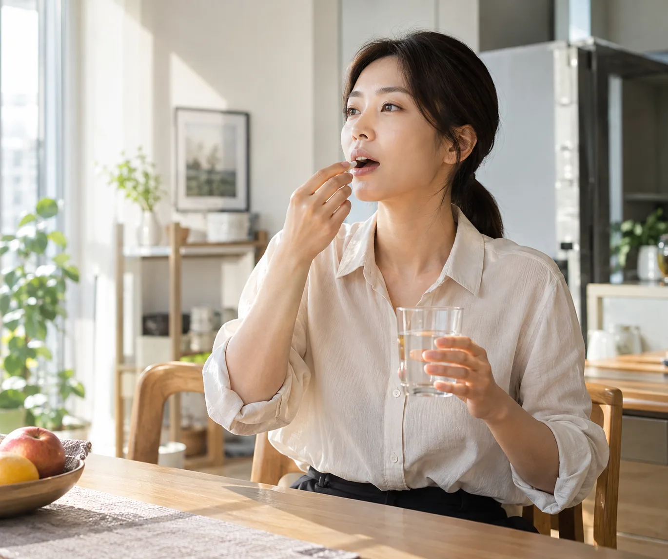 아침 공복에 공진단을 복용하는 모습