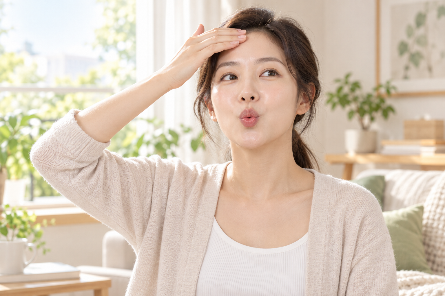 분당 정자역 한의원 구안와사 - 휘파람 불기와 이마 마사지로 회복 관리하는 모습