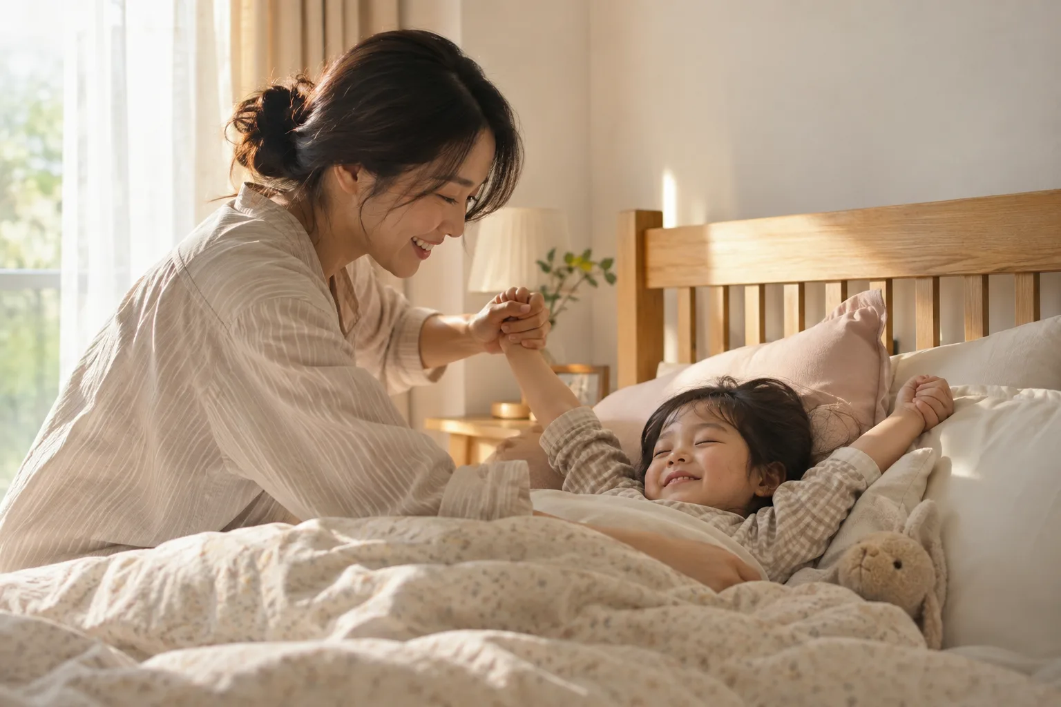 아침에 아이를 깨워 스트레칭하는 모습