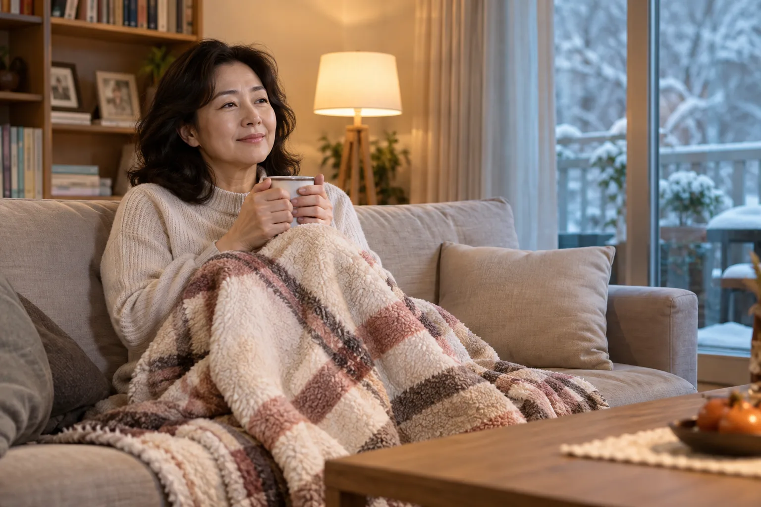 담요로 무릎을 따뜻하게 보호하는 모습
