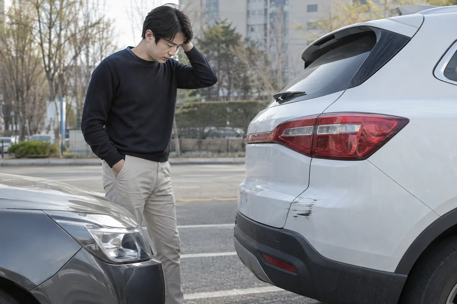 저속 접촉사고 후 목을 감싸는 운전자