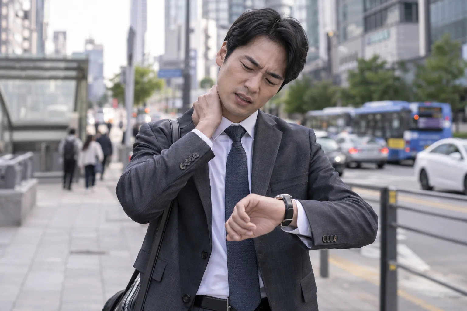 바쁜 직장인이 통증을 참는 모습